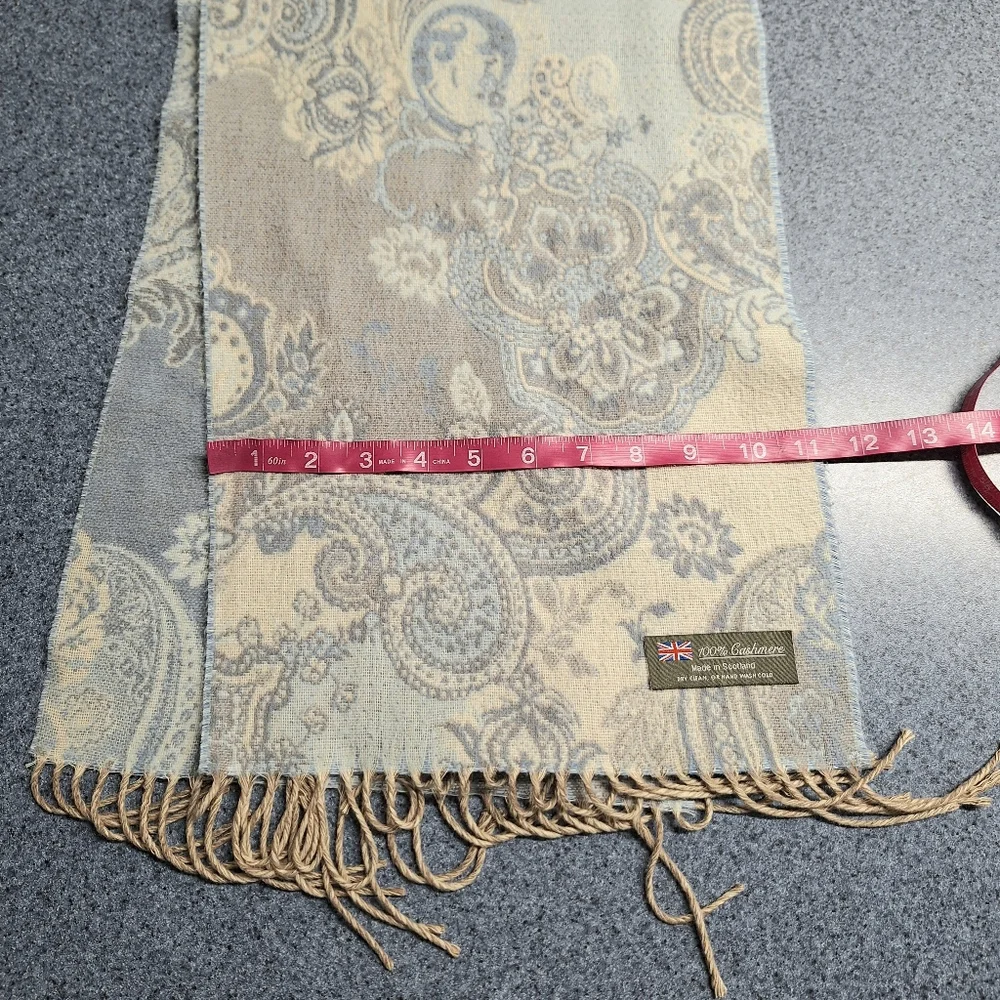 Made in Scotland 100% Cashmere Blue Paisley Scarf with Fringe